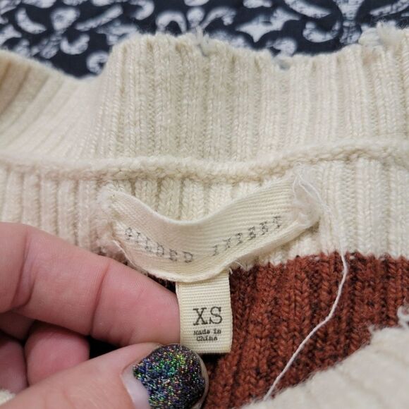 Gilded Intent Orange Brown & Cream Boho Chic Distressed Striped Ribbed Sweater  - Picture 4 of 6